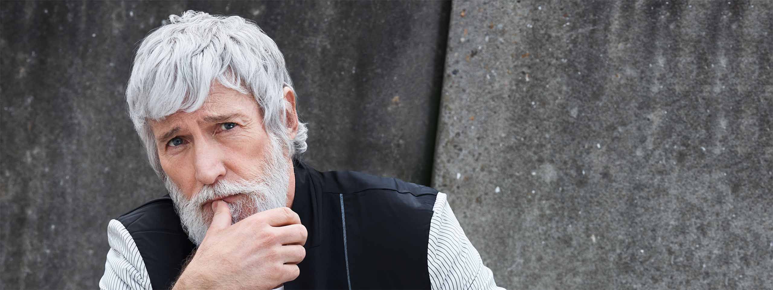 Model Aiden with grey hair and beard