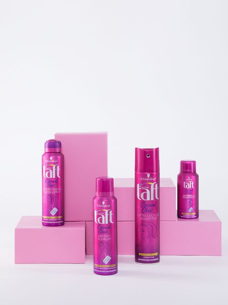 Four Taft Casual Chic products displayed on pink boxes.