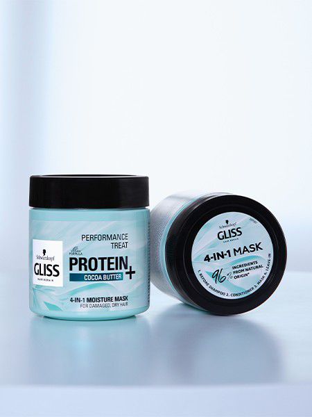 The light blue packaging of the Gliss hair mask.