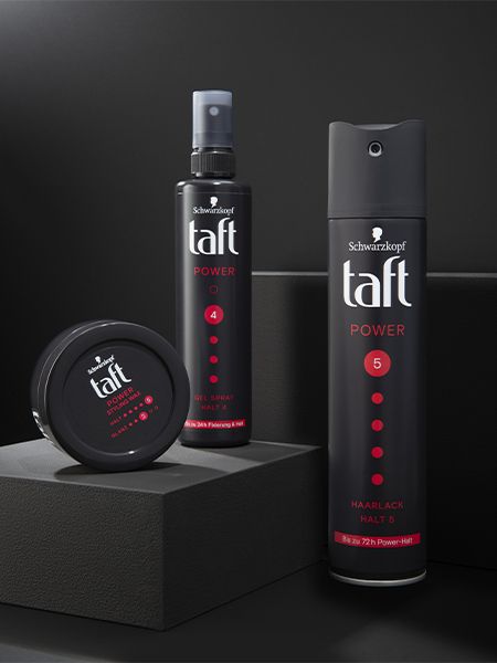 Three Taft Power products displayed on black boxes with black background