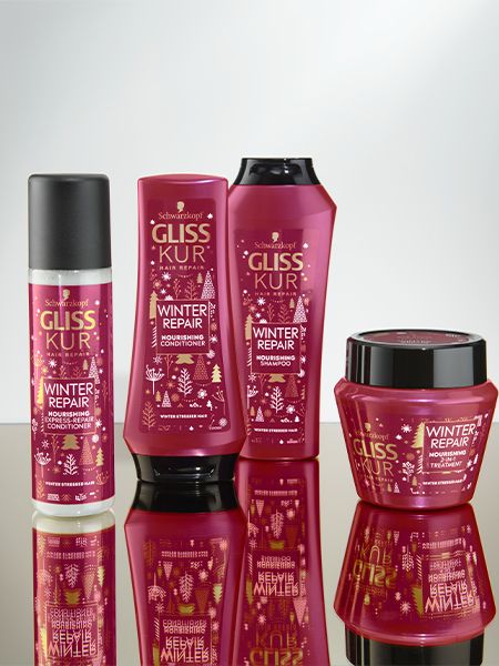 Four Gliss Kur Winter Repair products placed on a mirror