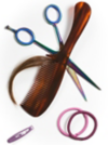 A comb, lock of hair, scissors, a hair clip and hair ties