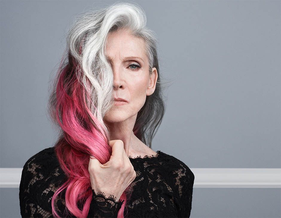 Woman with pink and grey hair 