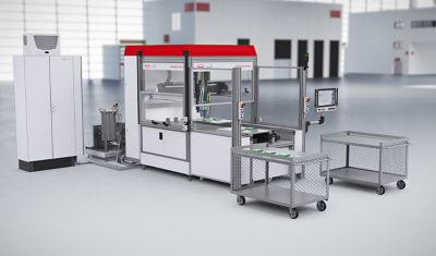SMART-L dosing cell with rack trolley for pick & place assembly and storage of the finished components