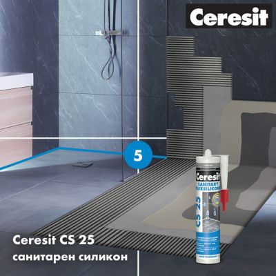 Sanitarni silikon Ceresit CS 25 se nanosi kao 5. korak u sistemu ugradnje keramike u kupatilu