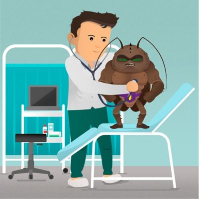 Cucaracha auscultada por un doctor haciéndose la revisión médica.