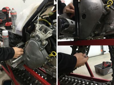 Installing snowmobile drain plug and chain case cover bolts using LOCTITE 243 Blue Threadlocker
