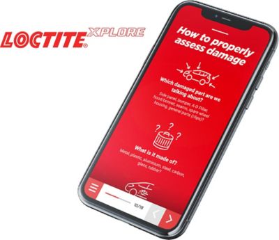 iPhone maketas su raudonu LoctiteXplore pradinio puslapio paveikslėliu ir tam tikru pavyzdiniu tekstu