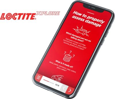 iPhone-Nachbildung mit dem roten Bild der LOCTITE®XPLORE-Startseite und Beispieltext