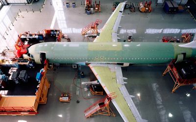 Airplane in hanger during manufacturing, assembly and build 