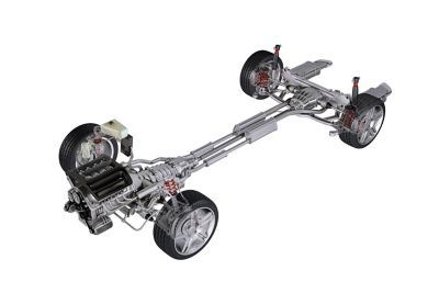 3D illustration of an automotive chassis frame including tires/wheels and steering modules. Getty Images 165564530