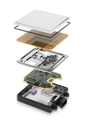 3D illustration of an automotive radar exploded to show interior components from the top view.