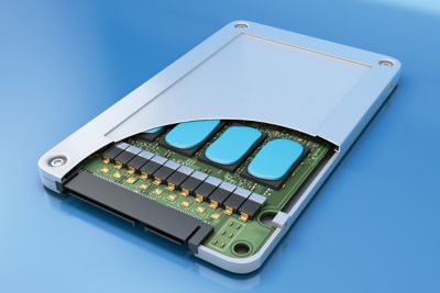 3d illustration of an electronic assembly utilizing bergquist thermally conductive liquid gap filler TGF 4000 a cut-away section of outer casing shows cured blue elastomer on top of components and just under the outer casing