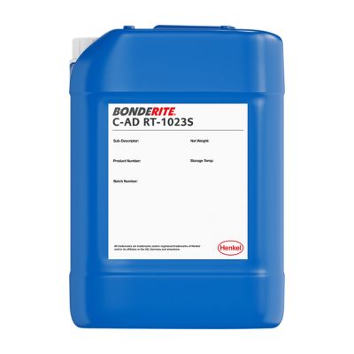 Front view of a 25 kg BONDERITE C-AD RT-1023S can with a white label, blue body, improves the removal of light oils, dirt, and process residues.