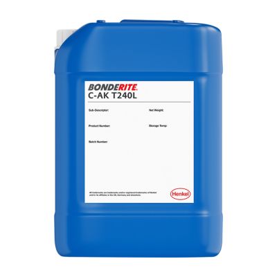 Packshot rendering of Bonderite C-AK T240L 30kg jerrycan with white label, white cap and blue body