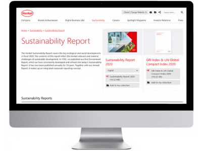 Monitor wyświetlający stronę Henkel z raportem zrównoważonego rozwoju