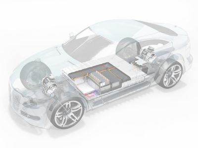 Close up of transparent electric vehicle revealing chassis and battery packs