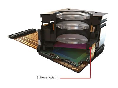 3d illustration of compact camera module cross-section view with callout showing location of stiffener attach