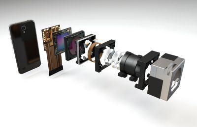 3d illustration of compact camera module accordion view of components in the assembly