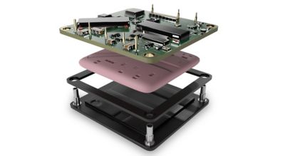 3D illustration of direct current dc-dc power supply teardown accordion view showing housing, mounting, environmental protection materials and printed circuit board with components