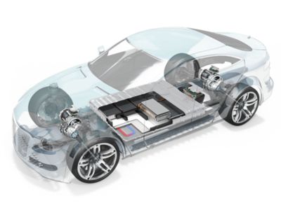 Electric vehicle interior with powertrain components exposed