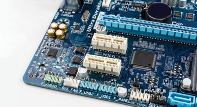 Electronics components on modern computer mainboard