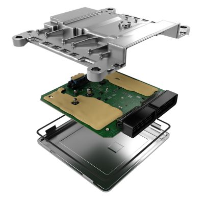  3D illustration of an electronic control unit exploded to show interior components.