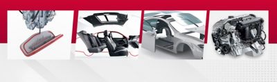 Banner showing photographs of system solutions, automotive interior, automotive exterior, and powertrain