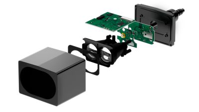 Exploded black ADAS LiDAR camera showing the different layers and components
