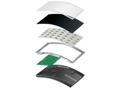 Exploded view of components from automotive curved information display