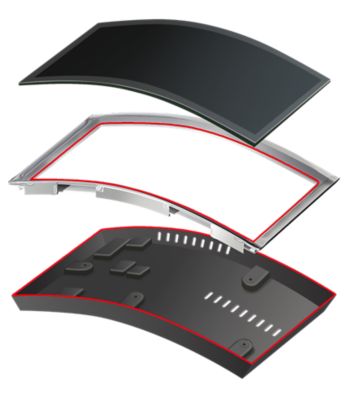 Exploded view of components with red structural bonding line from an automotive curved information display