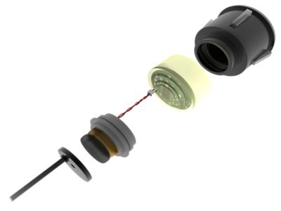 Exploded view of vehicle park distance ultrasonic sensor.