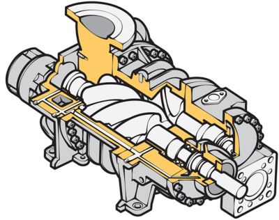 Cutaway illustration of a fluid processing compressor