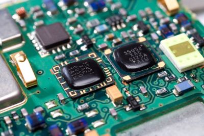 Photo of two electronic components on pcb with glob top encapsulation for environmental protection and improved mechanical strength of wire bonded devices