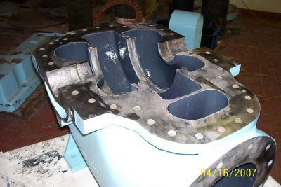 Picture of pump cutaway showing blue protective coating