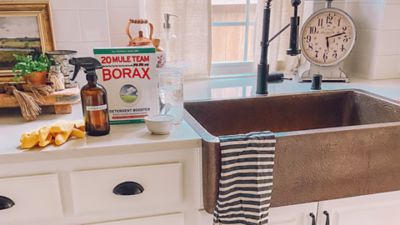 kitchen counter with Borax and miscellaneous cleaning supplies 