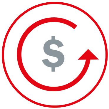 Icon of dollar symbol surrounded by a red circle and inside a red arrow circling represents total cost of ownership