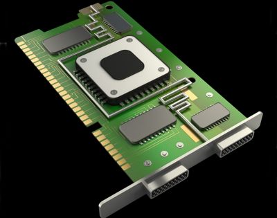 Illustration of a Graphic Card or Graphic Processing Unit (GPU) on a black background. 3-D rendered. Shutterstock 133023986.