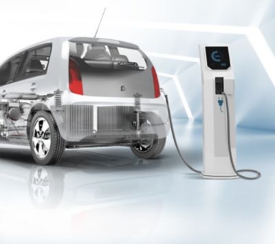 Illustration of transparent electric vehicle connected to a charging station