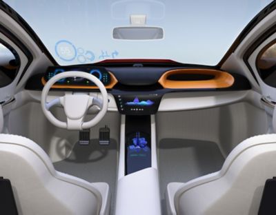 3D Illustration of a vehicle interior, focusing on the center console and heads up display