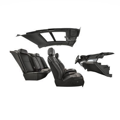 Isolated black car interior including the seats, dashboard, and sunroof