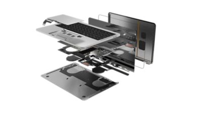 3D illustration of a laptop computer exploded to show interior components.