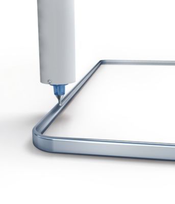 3d model illustraton dispensing liquid sealant or gasket around edge of mobile phone assembly