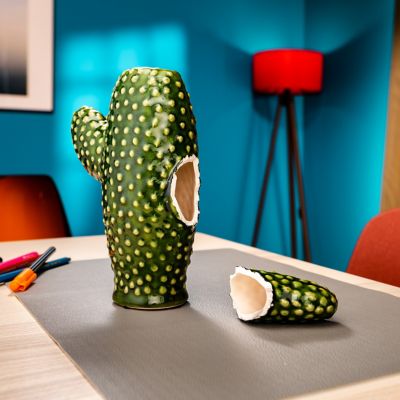 Kapotte cactus van keramiek ligt op een werkblad.