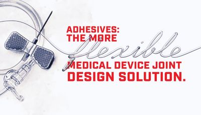 Illustration winged IV needle and tubing red lettering Adhesives: The More flexible Medical Device Joint Design Solution