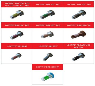 Loctite preapplied coatings color chart with nine screws indicating different thread sealers