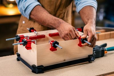 Clamps on a wooden box.