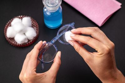 A person dabs some cotton on a spectacle lens.