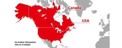 Map of North America focusing on  areas with Henkel pre-applied centers