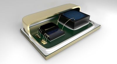 3d illustration of micro-electro-mechanical-systems (mems) sensor device with microphone cutaway showing die attach paste, die attach film, lid attach adhesive, and glob top encapsulant